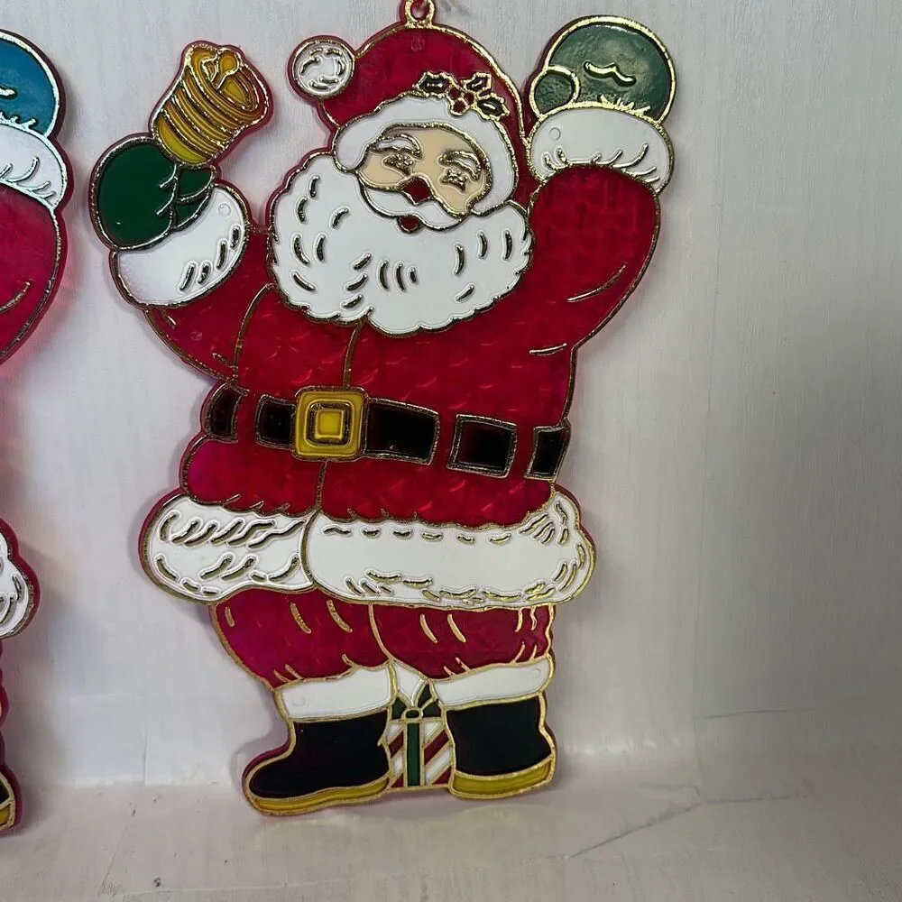 Vintage Christmas Suncatcher Santa Claus w/‎ Bell  Plastic Window Hanging Sun 9”